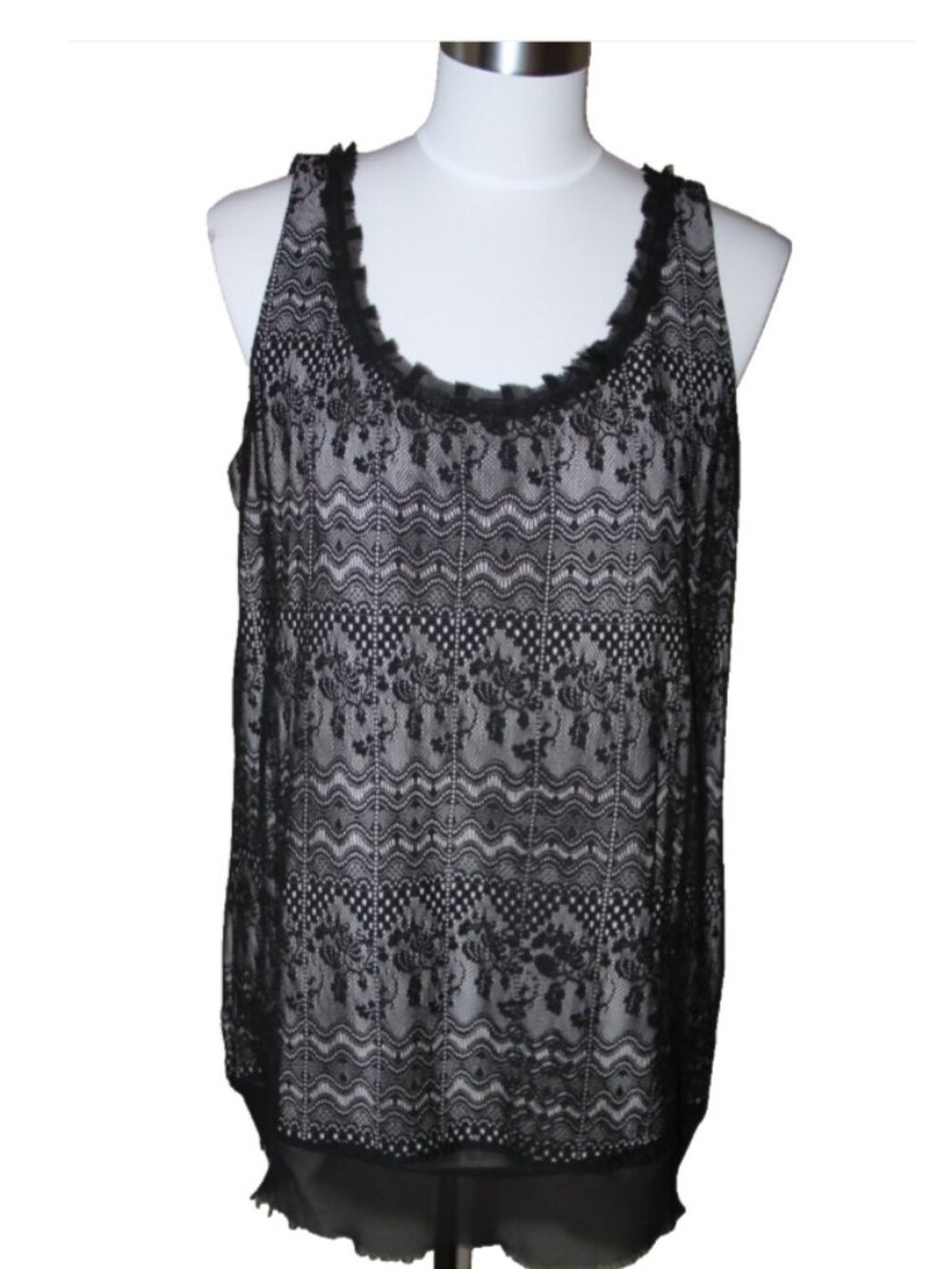 CAbi Emily 552 Small Black Nude Lace Overlay Sleeveless Blouse Tank Top - Sz M